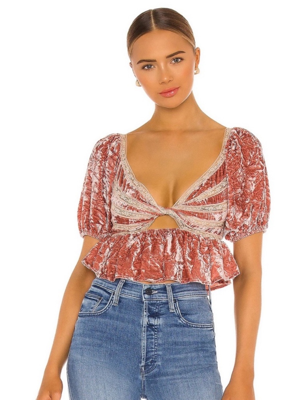 Free People Rose-Coral Velvet Twist Peplum Crop Top